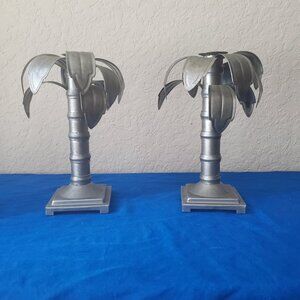 2 VTG Privet House Palms Away Short Galvanized Candle Sticks